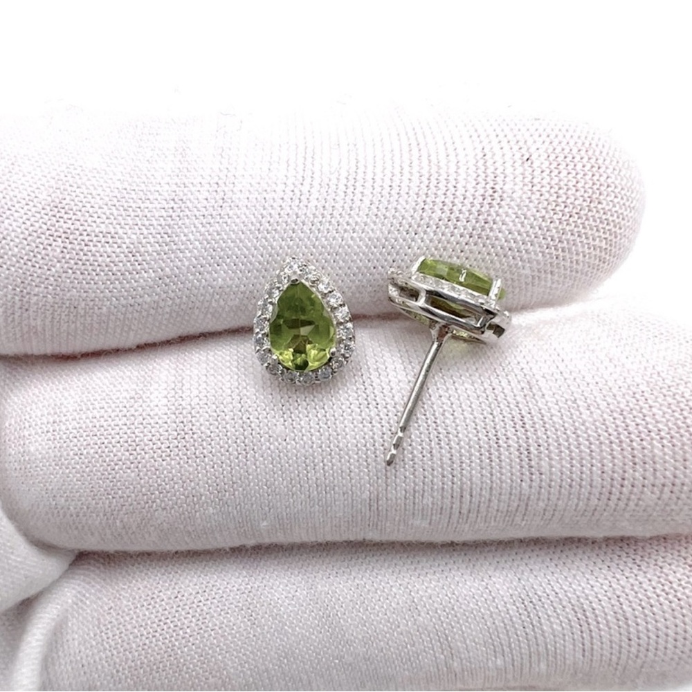 .925 Sterling Silver Genuine Peridot & Clear Cz Post Earrings